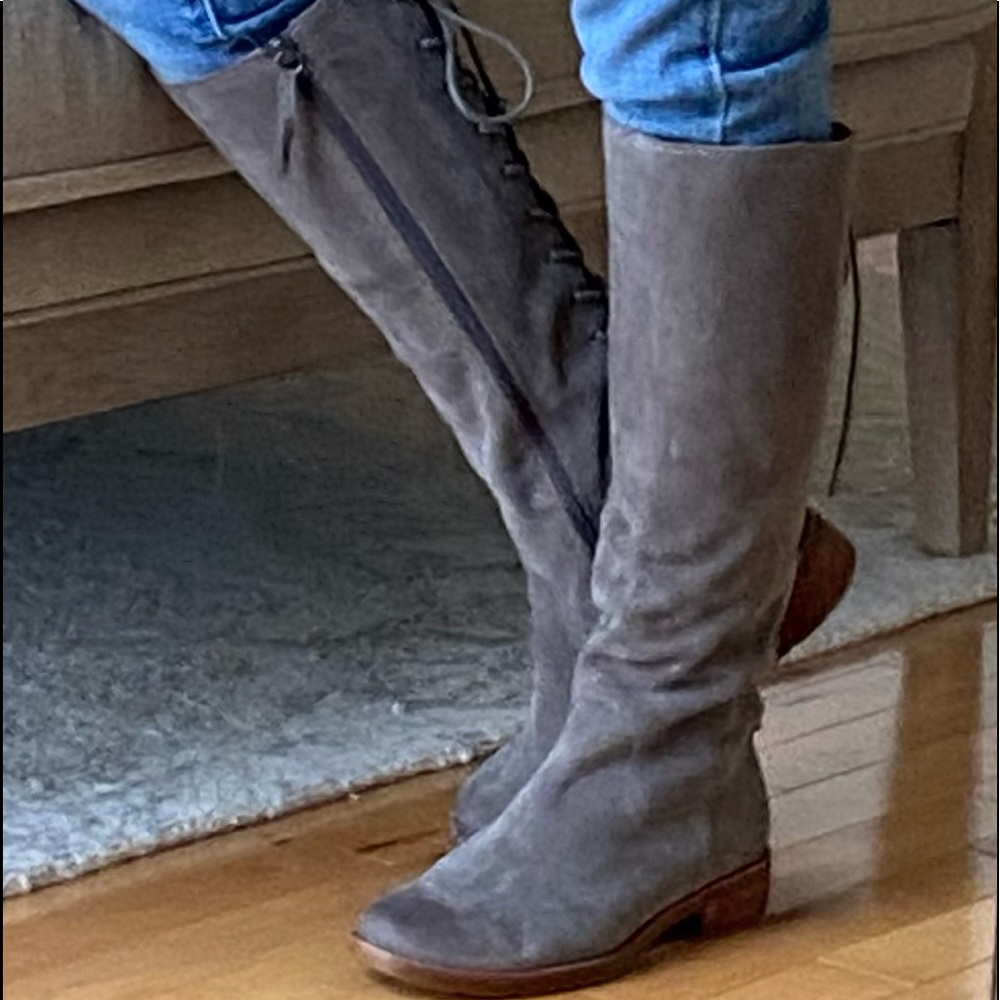 Gray suede Sofft boots with laced up back